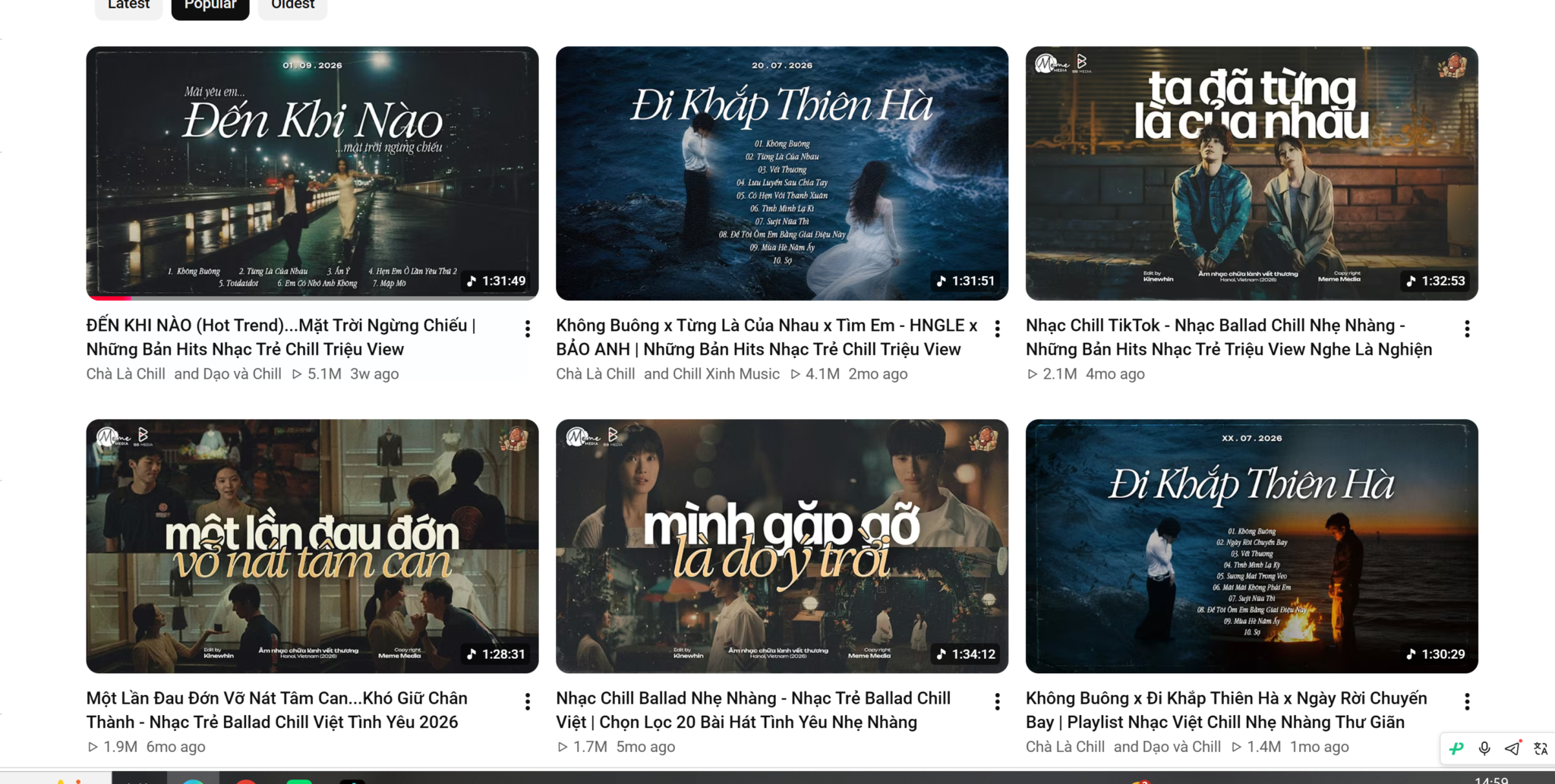 Screenshot dei video popolari di un canale di musica vietnamita