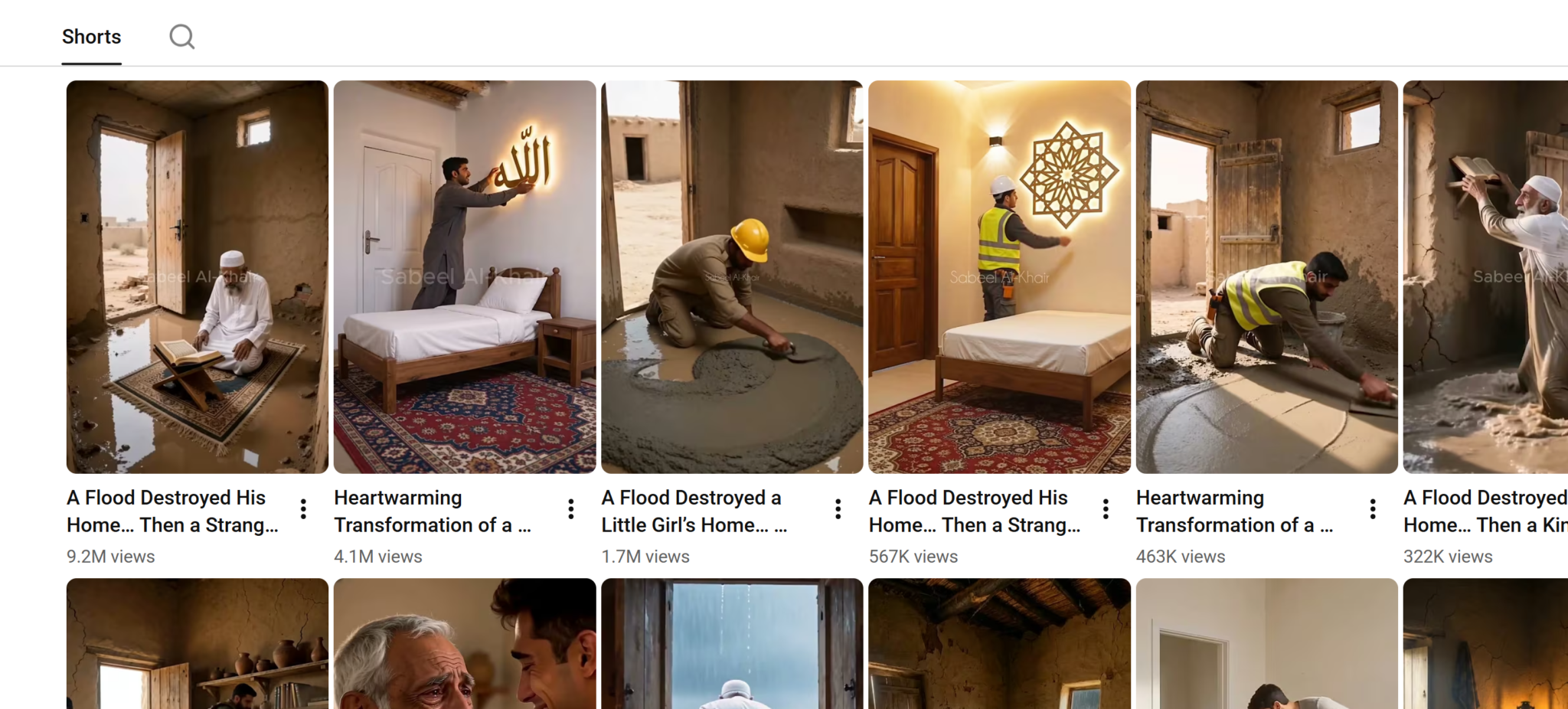 Screenshot di un canale Shorts su costruzioni e ristrutturazioni con IA